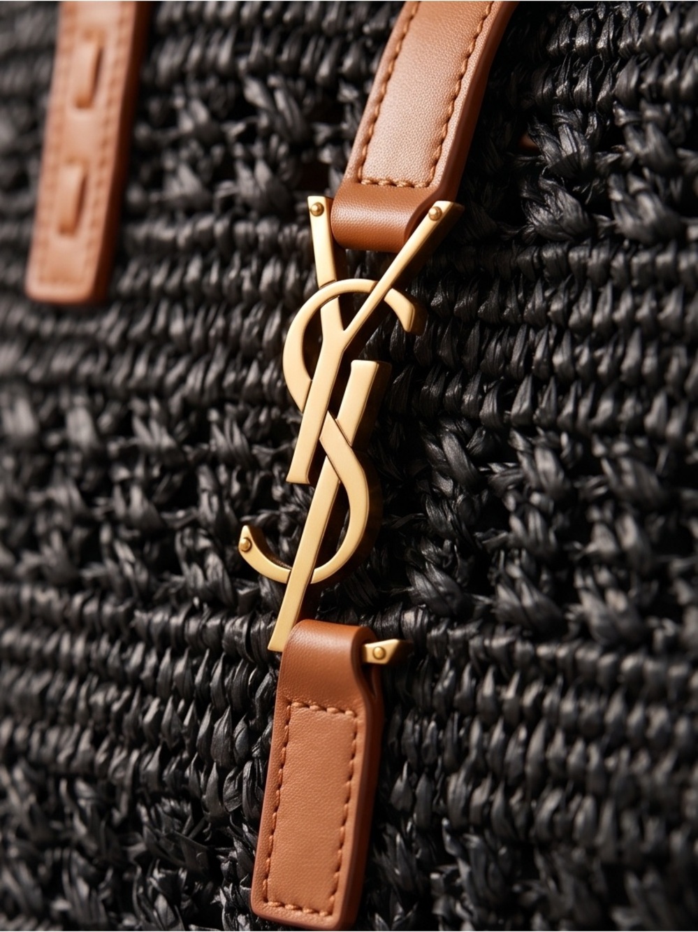 Saint Laurent Black Medium Panier Raffia Tote Bag - Picture 3 of 4